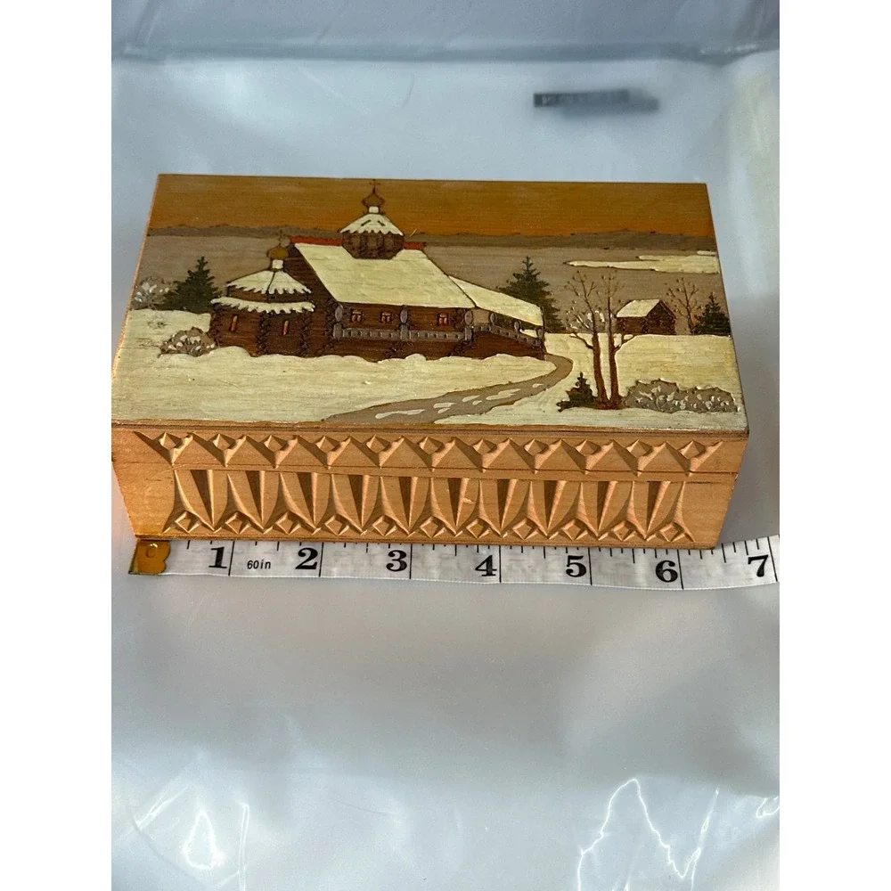 Vintage Church Trinket Box Unisex OS Brown Russian Marquetry‎ Wood Inlay